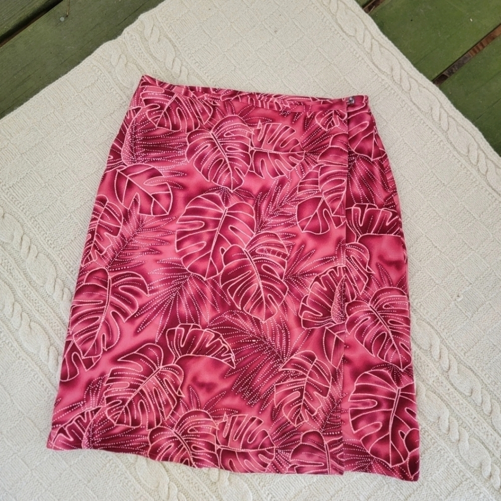 y2k 90s Tommy Bahama Silk Floral Leaf Print Wrap Skirt sz XS/2/4 Red Pink